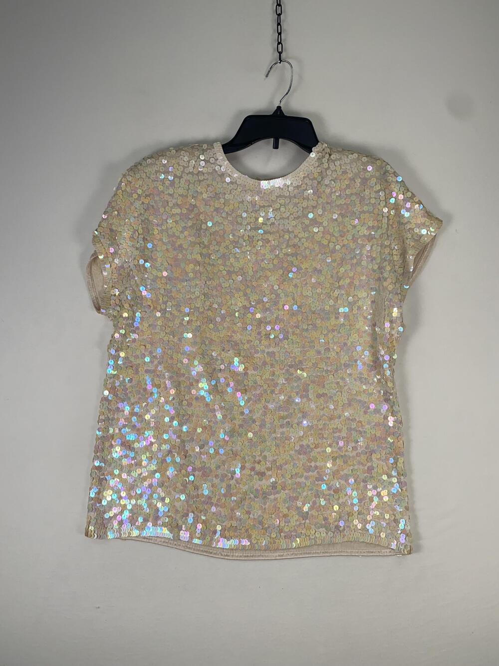 Liz Claiborne Blouse Womens Medium White Sequin Cap Sleeve Silk Satin Top